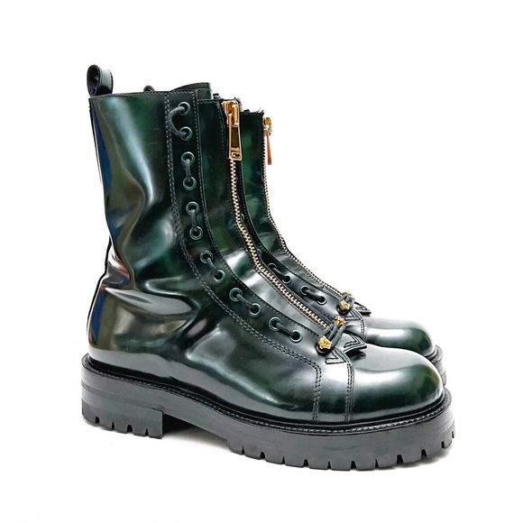 Versace Column Combat Boots Dark Green Leather Gold Medusa Logo Mens EU 41 US 8 - Picture 2 of 16